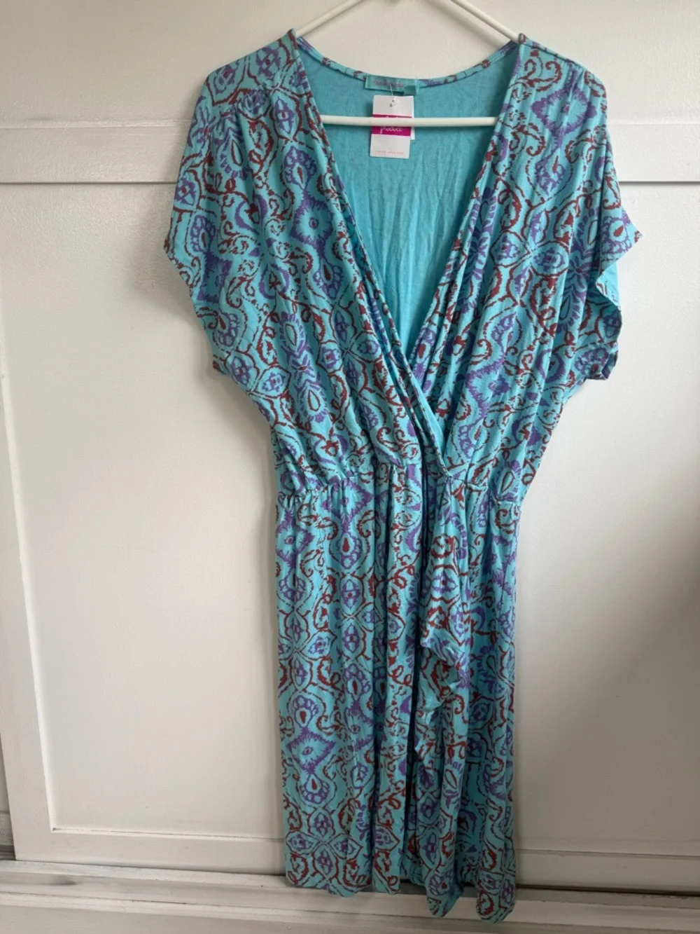 Fresh Produce Faux Wrap Dress XXL Turquoise Ikat Beach Vacation Summer Resort